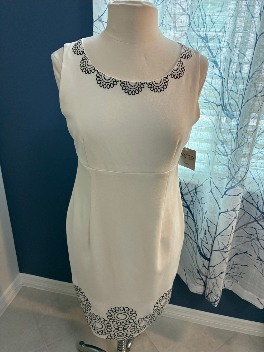 Kasper Sleeveless White Sheath Dress with Black Embroidered Trim